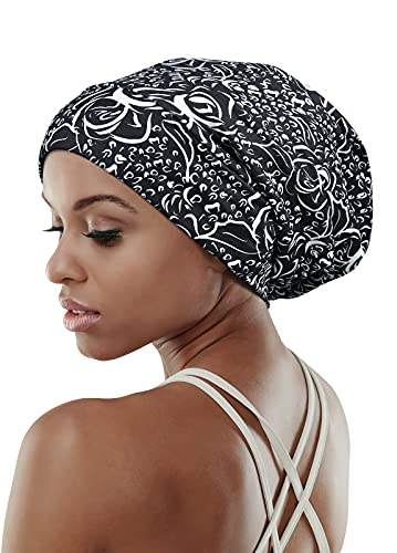 Adjustable Satin Lined Sleep Cap for Dreadlocks Curly Hair Large Head-Stay On Overnight - color: Black Off-white