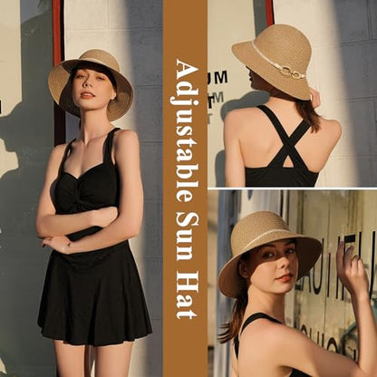 Pleneal Beach Sun Staw Hats for Women, UPF 50+ Foldable Wide Brim Sun Hat - color: Khaki - B