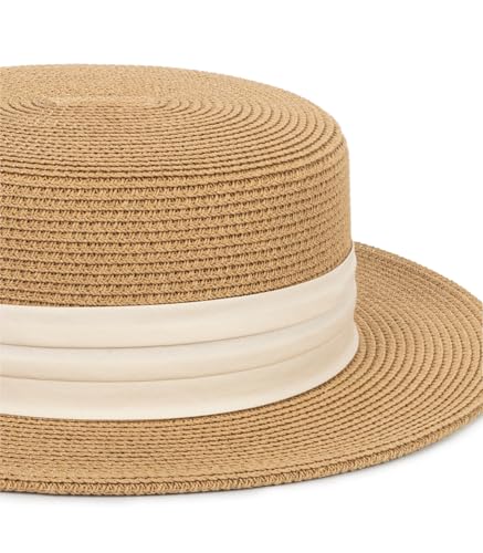 Straw Boater Summer Sun Hat - Wide Brim Fedora Panama Beach Hat for Women - color: Beige Band