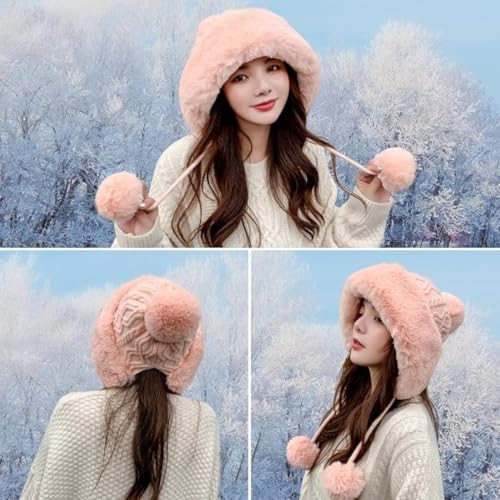Winter Pompom Beanie Hats for Women Fluffy Knit Skull Cap Womens Faux Fur Crochet Warm Bucket Outdoor Ear Cover - color: Pink