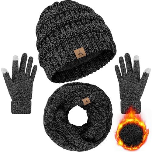LOROME Winter Beanie Hat Scarf Gloves, Warm Fleece Knit Neck Scarf Set Gift - color: Black Gray Mix