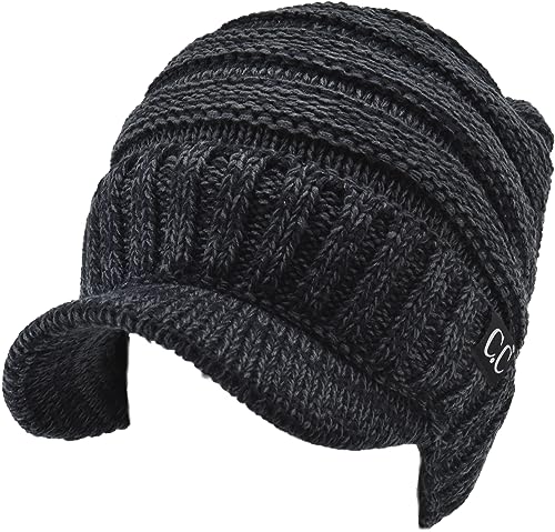 C.C Trendy Warm Oversized Chunky Soft Oversized Ribbed Slouchy Knit Hat with Visor Brim - color: Black / Charcoal