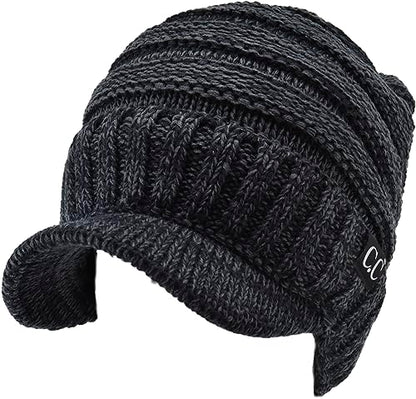 C.C Trendy Warm Oversized Chunky Soft Oversized Ribbed Slouchy Knit Hat with Visor Brim - color: Black / Charcoal