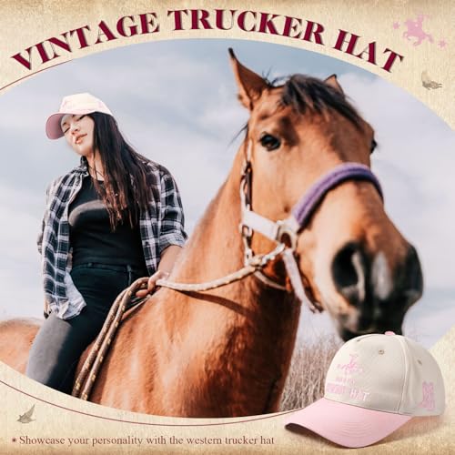 JaGely Two Tone Western Cowboy/Cowgirl Trucker Hat for Women Men Gift Vintage Embroidered Country Baseball Cap - color: Pink, style: Cowboy
