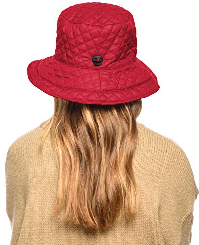 Foldable Water Repellent Quilted Rain Hat w/Adjustable Drawstring, Bucket Cap - color: Red