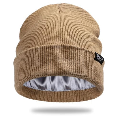 Satin Lined Winter Beanie Hats for Women Men Cotton Knitted Cuffed Knit Hat - color: Khaki