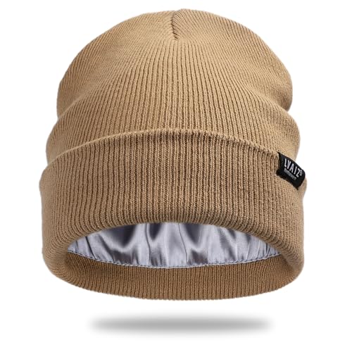 Satin Lined Winter Beanie Hats for Women Men Cotton Knitted Cuffed Knit Hat - color: Khaki