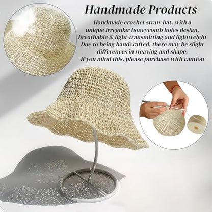 Floppy Big Beach Straw Hats for Women Foldable Summer Wide Brim Packable Sun Hat Womens Travel Straw Fedora Hat - color: Beige-4