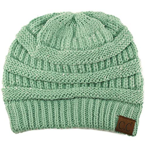 CC Classic Winter Fall Trendy Chunky Stretchy Cable Knit Beanie Hat - color: Sequins Mint