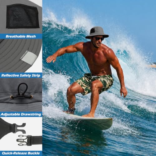 Surblue Surf Bucket Hat with Widened Chin Straps UPF 50+ Windproof Sun Hat Adjustable Packable Cap for Water Sports Surfing - color: Darkgray