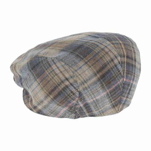 Hats in the Belfry Italia Men's Flat Cap, 100% Linen, Blue Brown Cream Plaid, Made in Italy, Newsboy Style, Casual Wear - color: Blue Plaid, size: Small