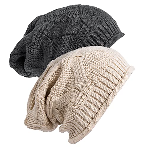 Senker Fashion 2 Pack Winter Beanie Hats for Women, Womens Slouchy Beanies - color: Beige Dark Grey