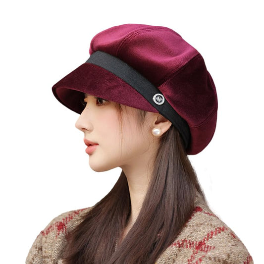 URAWOW Newsboy Cap for Women with Visor Fall Beret Hats for Women Ladies Slouchy Fashion Accessories Classic Casual - color: Style B-wine Red