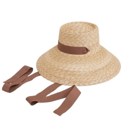 Women Wide Brim Straw Hat with Chin Strap Summer Sun UV Sun Protection Beach Hat Wind Lanyard
