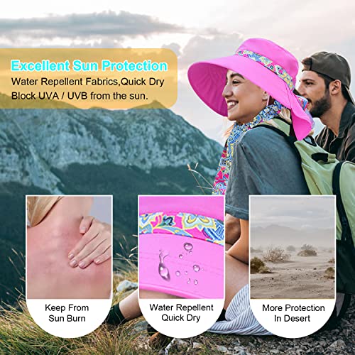 Women Wide Brim Face Mask Sun Hat Detachable Neck Face Flap Ponytail UV Protection Visor Hat Garden Fishing Hiking - color: M9099-hot-pink