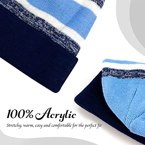 Winter Knit Beanie Hat with Pom Pom – Warm Cuffed Slouch Ski Cap for Men & Women - color: 2.navy and Sky Blue