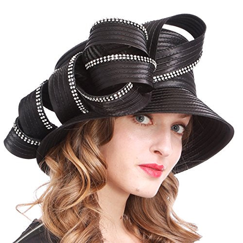 VECRY Womens Tea Party Church Baptism Wedding Derby Dressy Hat - color: Rhinestone-black