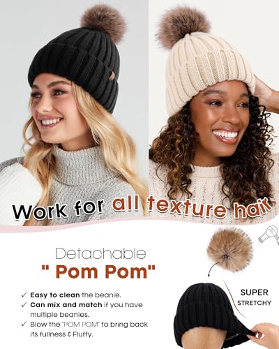 FURTALK Womens Winter Beanie Hat Satin Lined Faux Fur Pom Pom Beanies Hat for Women Winter Warm Knit Hats - color: Black