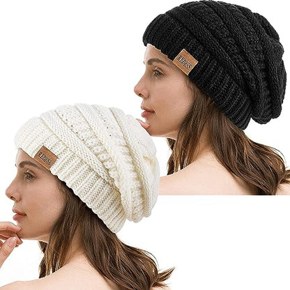 REDESS Slouchy Beanie Hat for Men and Women Winter Warm Knit Hat Chunky Soft Oversized Cable Cap - color: Black+white