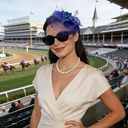 Semato Fascinators Hats for Women Mesh Feathers Elegant Royal Blue Tea Party Kentucky Hat Derby Headband with Hair Clip - color: Royal Blue