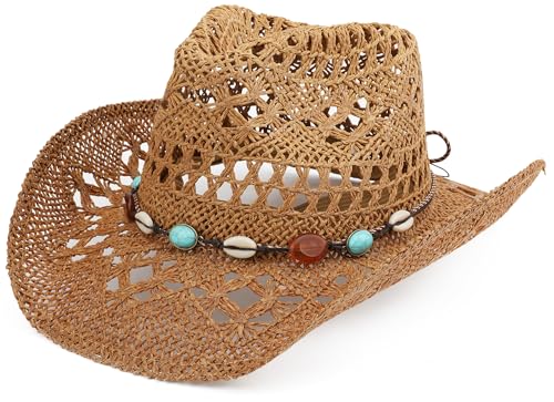 Straw Cowboy Hat for Women and Men with Shapeable Wide Brim Sun Beach Western Cowgirl Hat - color: Khaki-m