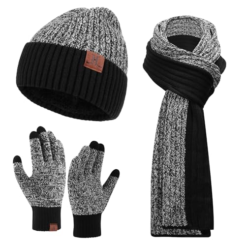 FZ FANTASTIC ZONE Mens Winter Beanie Hat and Scarf Touchscreen Gloves Sets - color: Black & White