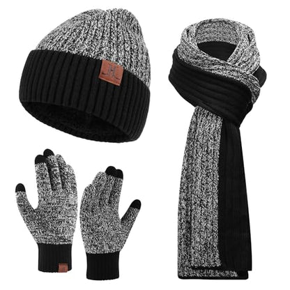 FZ FANTASTIC ZONE Mens Winter Beanie Hat and Scarf Touchscreen Gloves Sets - color: Black & White