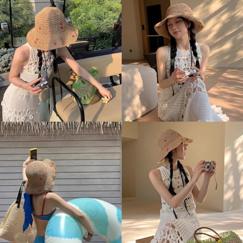 Women Floppy Straw Sun Hat Wide Brim Floral Beach Hat Packable Roll up Bucket Cap UPF 50+ - color: Cherry Khaki