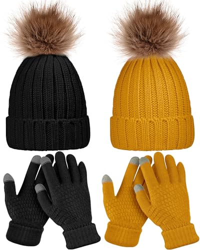 Syhood 4 Pcs Hat and Glove Set Winter Beanie and Glove Set - color: Black and Yellow