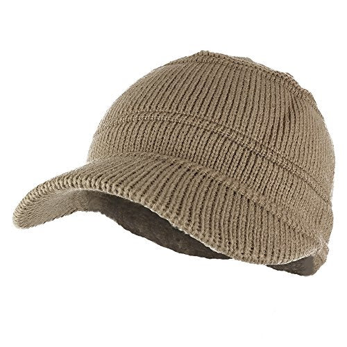 Army Style Acrylic Cadet Winter Beanie Hat with Visor - color: Taupe