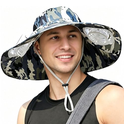 Mens Sun Hat with 2 Fan, Summer Cooling Wide Brim Bucket Hat, Beach Hat Garden Hat, Solar + USB Dual Power Supply - color: Navy