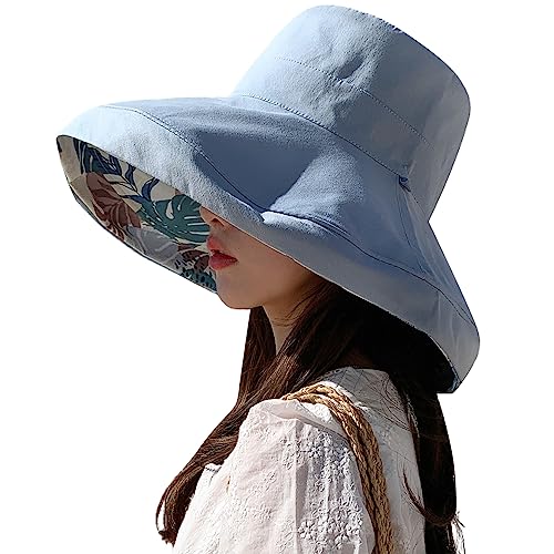 HUAMULAN Women Summer Vacation Wide Brim Sun Hat Reversible Fishing Hats - color: Blue