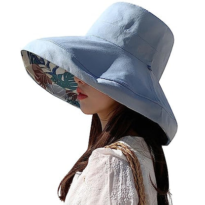 HUAMULAN Women Summer Vacation Wide Brim Sun Hat Reversible Fishing Hats - color: Blue