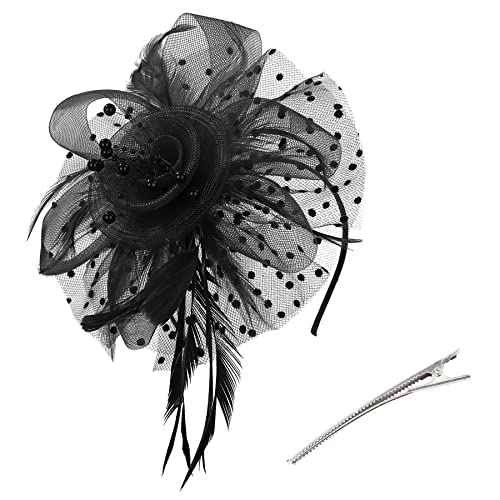 Zando Kentucky Fascinators Hats for Women Derby Tea Party Hat Flower Mesh Feathers Headband Headwear Hair Clip Girls - color: Black