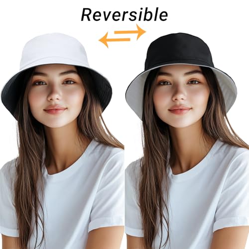 Bucket Hat for Men Women Cotton Sun Hats Unisex Packable Bucket Hats Summer Travel Beach Cap - color: Black/Beige(reversible), size: Small-Medium