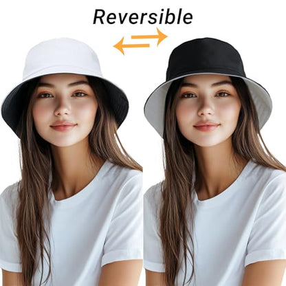 Bucket Hat for Men Women Cotton Sun Hats Unisex Packable Bucket Hats Summer Travel Beach Cap - color: Black/Beige(reversible), size: Small-Medium