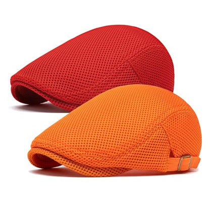 meioro Mens Breathable Mesh Summer Hat Adjustable Flat Cap Newsboy Beret Ivy Cap Irish Cabbie Fishing Hats - color: Orange+red