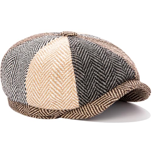 Men's Wool Newsboy Cap 8-Panel Tweed Taxi Hat Herringbone Gatsby Flat Hats - color: Multi-color