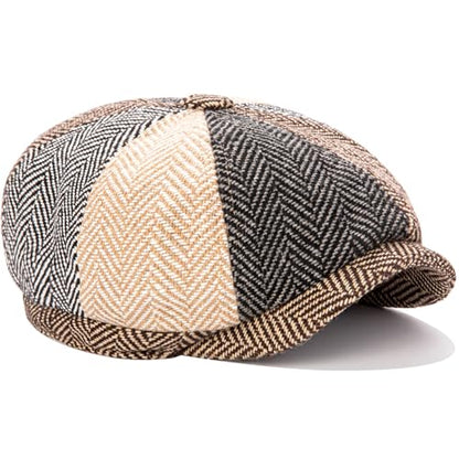 Men's Wool Newsboy Cap 8-Panel Tweed Taxi Hat Herringbone Gatsby Flat Hats - color: Multi-color