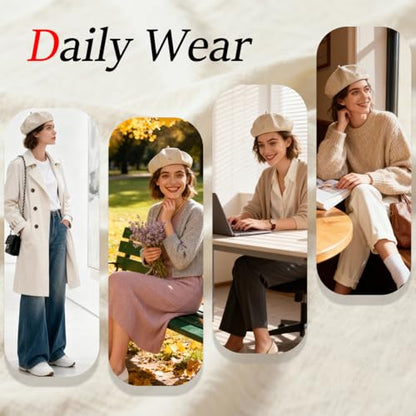 Women's Chenille Beret - Soft & Warm French Hat with Metal Heart Accent for Fall/Winter. - color: Beige