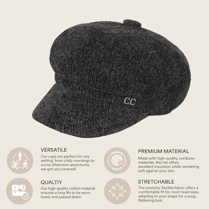 C.C Knitted Newsboy Cap for Women – Soft Knit Hat with Adjustable Velcro, Lightweight Warm Winter Style - color: Knitted-black