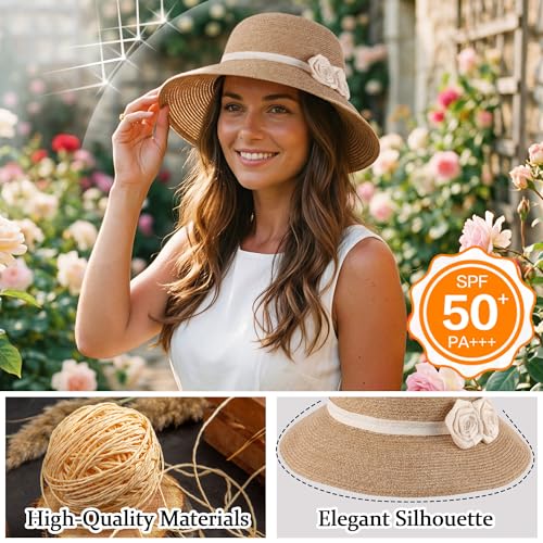 Ababalaya Elegant Straw Sun Hat with Handmade Crochet Flowers - color: Beige