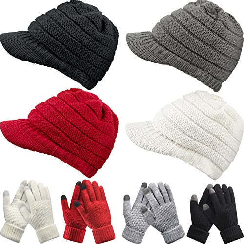 Kenning 4 Sets Winter Hat Gloves Women, Knit Beanie with Brim Touchscreen