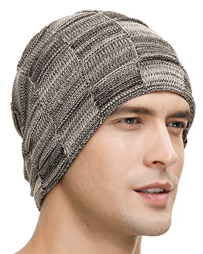 Vgogfly Slouchy Beanie for Men Winter Hats for Guys Cool Beanies Mens Lined Knit Warm Thick Skully Stocking Binie Hat Pairs - color: Navy / Brown