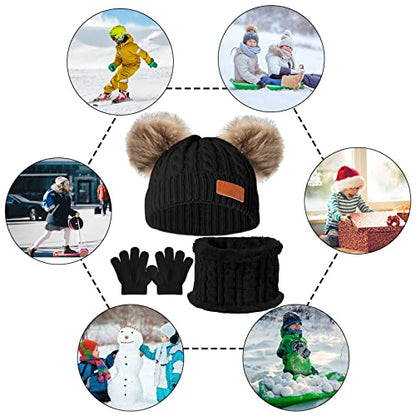 Kids Winter Beanie Hat Scarf Gloves Set,Toddlers Knit Winter Warm Double Pompom Cap Scarf Gloves for Girls Boys 1-5 Years Old - color: Black