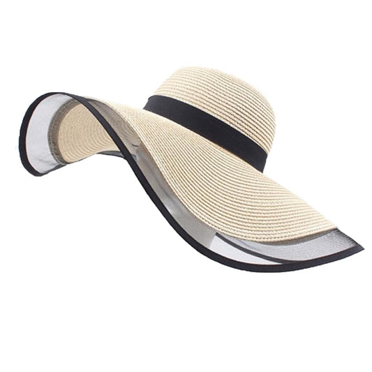 Womens Mens Wide Brim Straw Panama Hat Beach Sun Hat Summer Wide Brim Straw Roll up Hat Fisherman's UPF 50 - color: +Beige