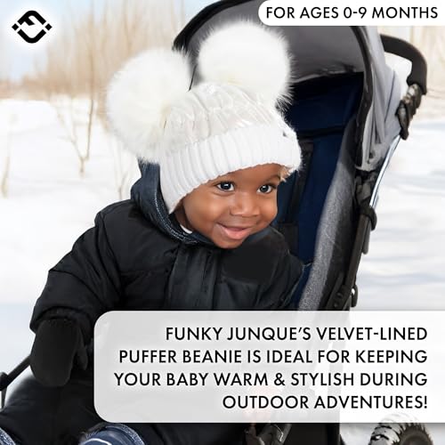 Funky Junque Baby Winter Beanie - Adorable Dual Pom Pom, Fleece Lined, Warm Infant Toddler Hat - color: White