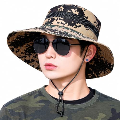 Camo Bucket Sun Hat with Mesh Band and Chin Strap, Wide Brim Boonie Hat for Outdoor Activities - color: Green & Brown Camo