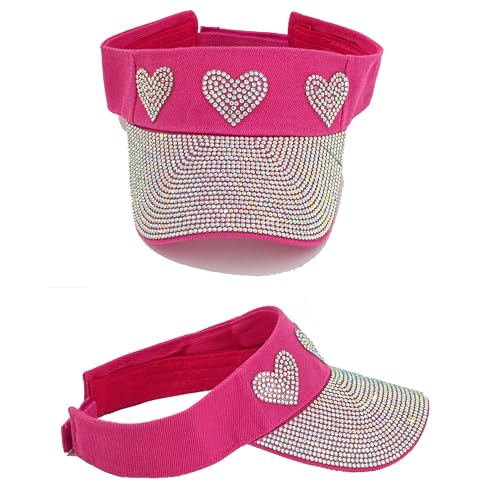 Bling Visor Shiny Rhinestones Sport Sun Adjustable Summer Cap Visor Caps for Women Men - color: Heart-rose Red