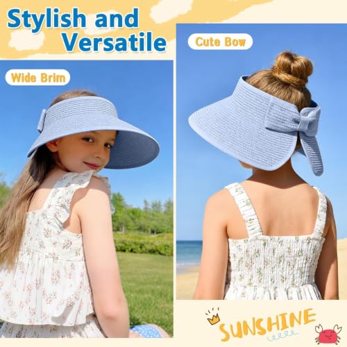 ZOORON Girls Straw Sun Visor Hat, Wide Brim Ponytail Beach Hat with Bow - color: Sky Blue